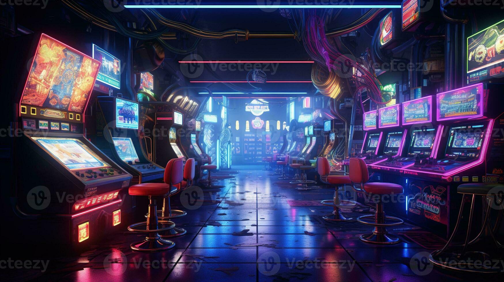 Generative AI, Cyberpunk style game bar or cafe. Night scene of big city, futuristic nostalgic 80s, 90s. Neon lights vibrant colors, photorealistic horizontal photo