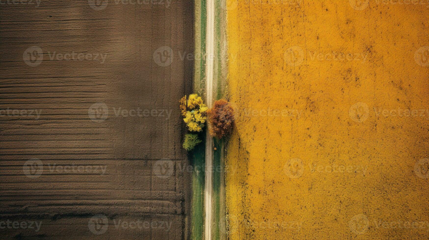 Generative AI, Farm autumn landscape, agricultural fields, beautiful green, yellow, orange and beige countryside, country road. Nature Illustration, photorealistic top view drone. photo