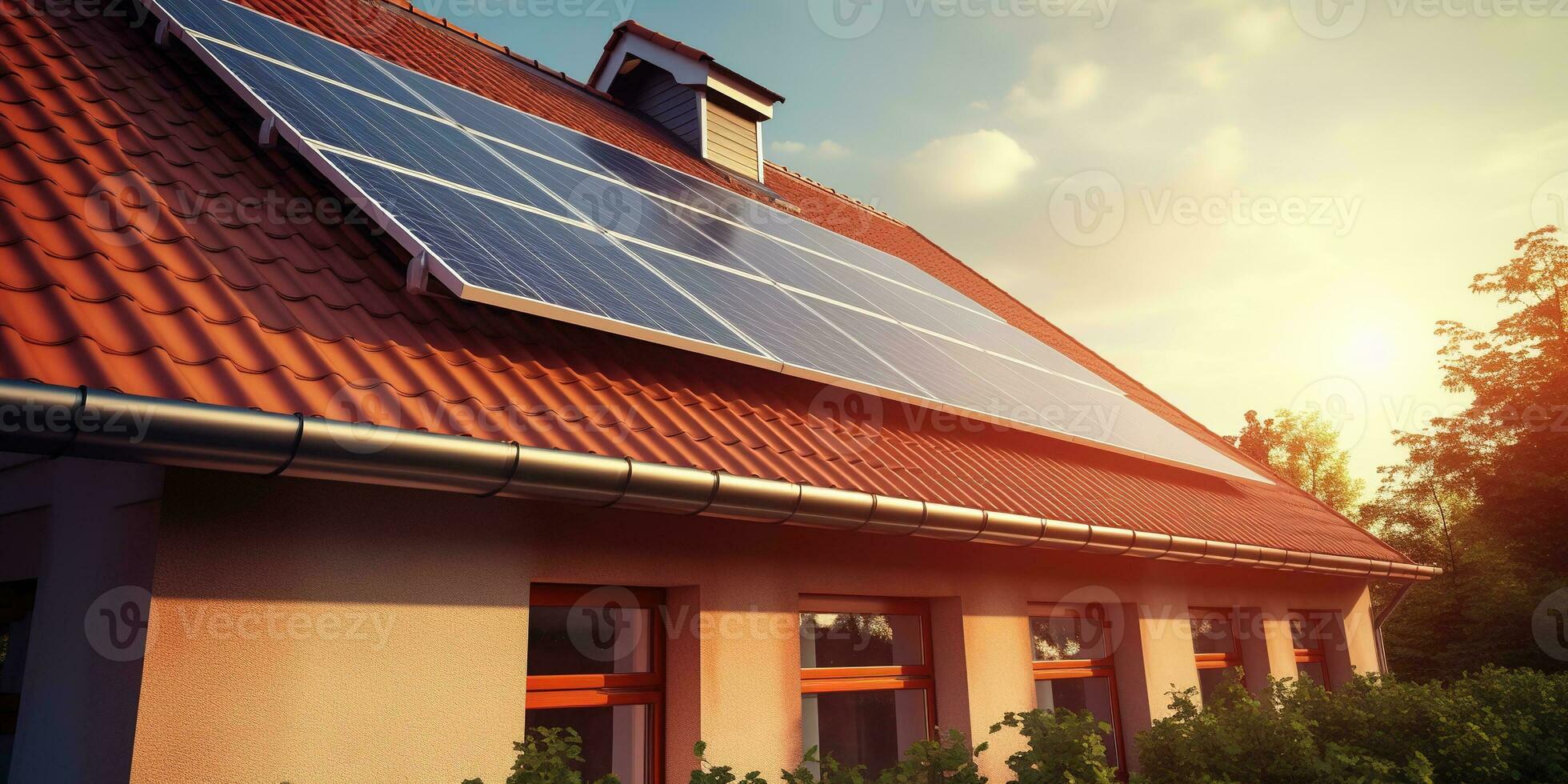 Generative AI, solar panels on building roof, clean ecological electricity at sunset, renewable energy concept photo