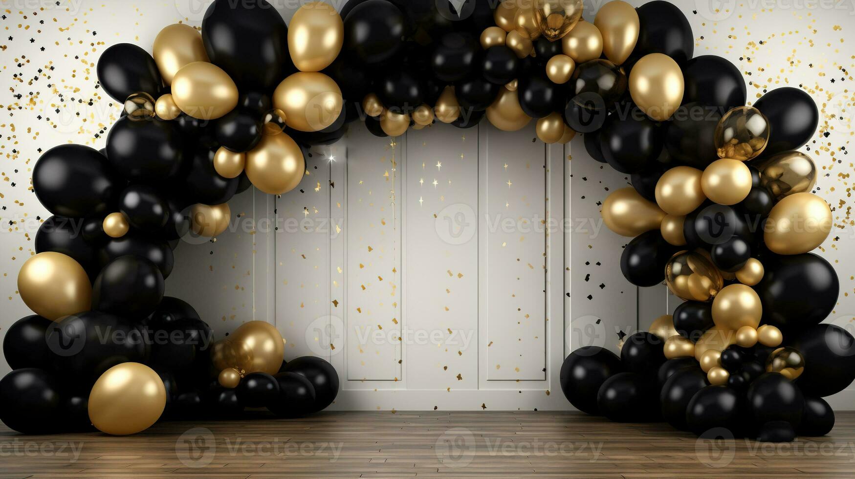 Generative AI, arch of black and golden balloons. Mock up for Black Friday or other holiday 3d background photo