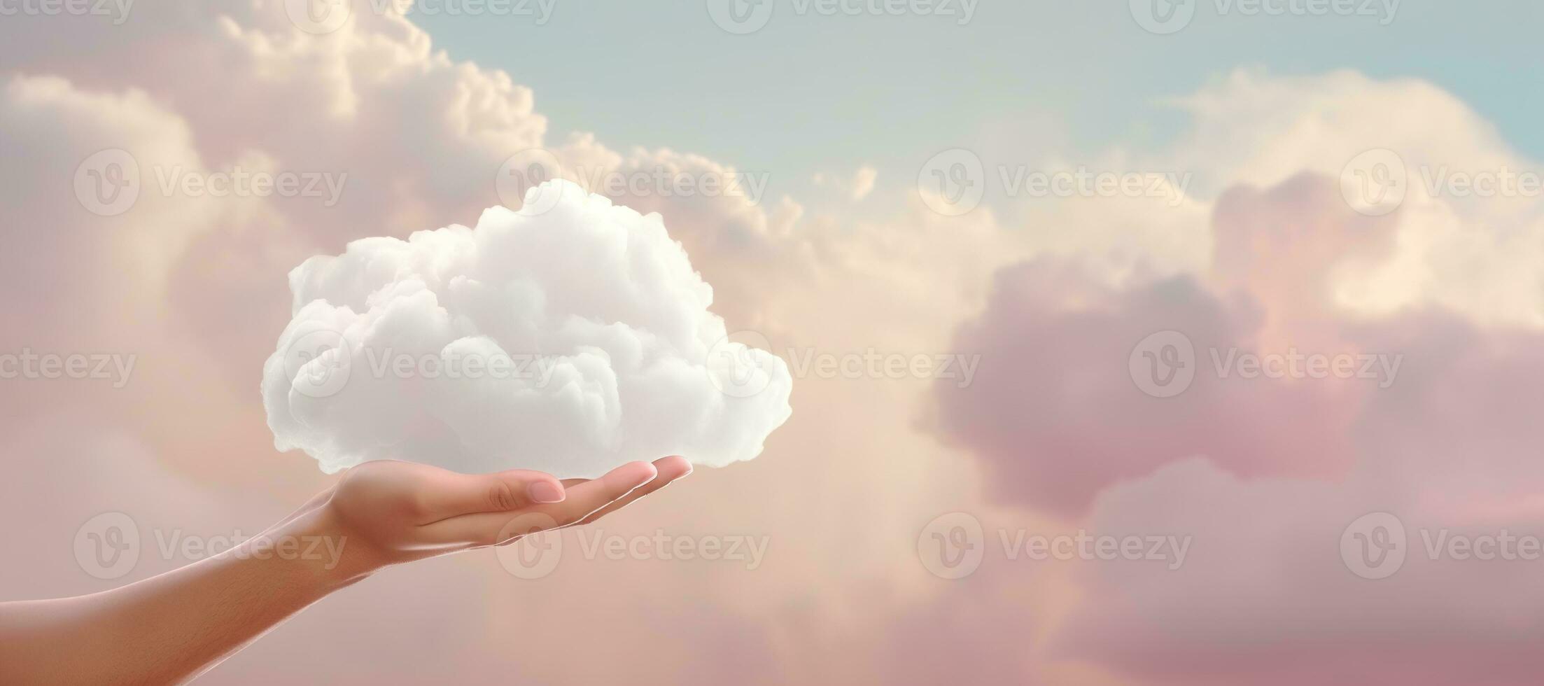 Generative AI, hand holding cloud, sky background. The development of the imagination concept photo
