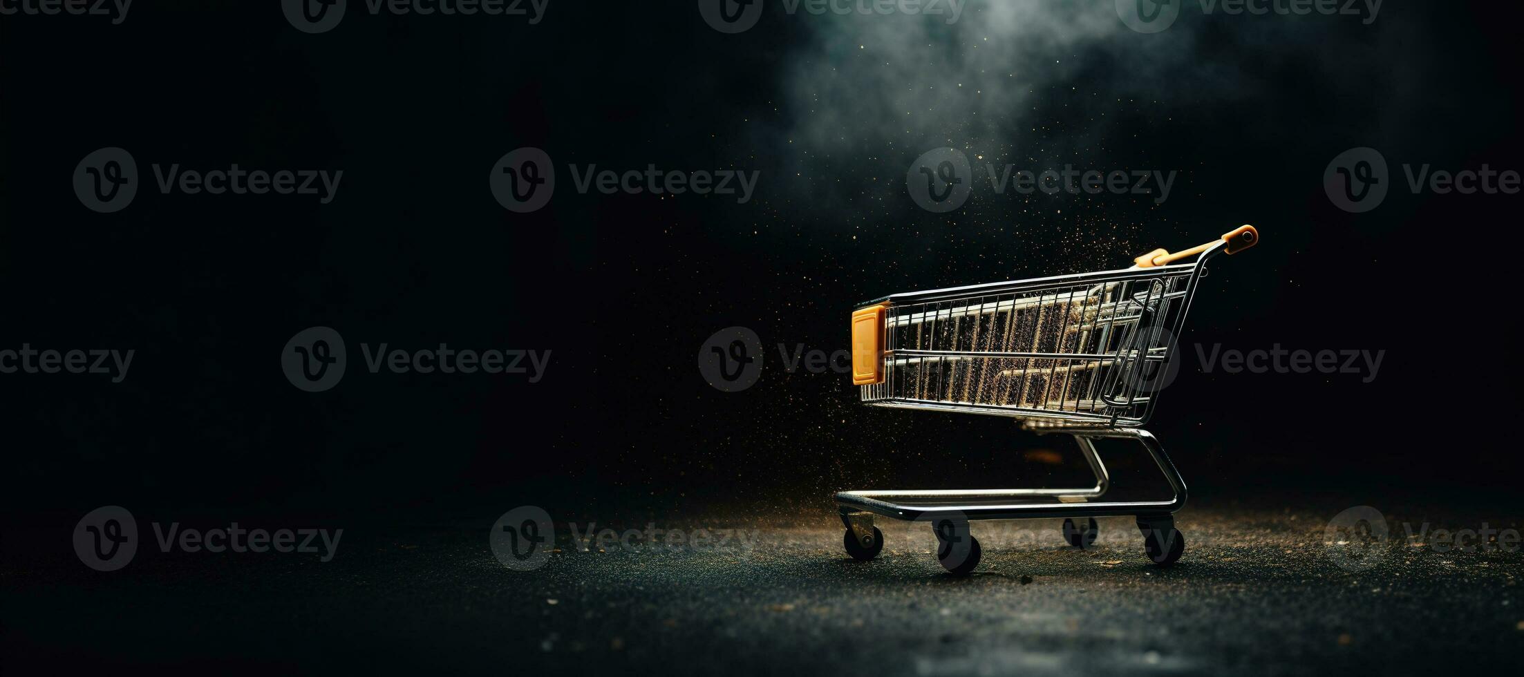 Generative AI, golden shopping cart on dark background with glittered bokeh, Black Friday concept, discount and sale. photo