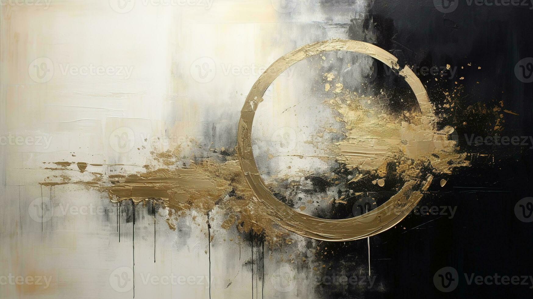 Generative AI, Black, golden and ivory white colors, circle shapes vintage painting background. Grunge old oil impasto painted wall texture photo