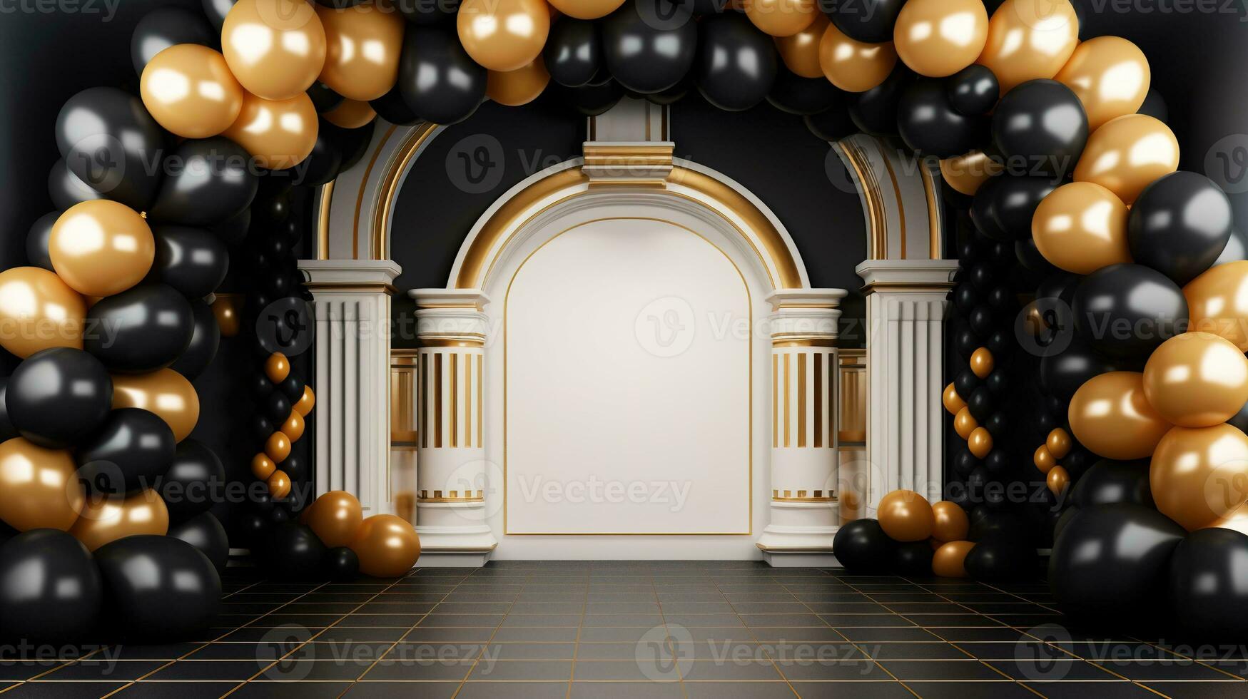 Generative AI, arch of black and golden balloons. Mock up for Black Friday or other holiday 3d background photo