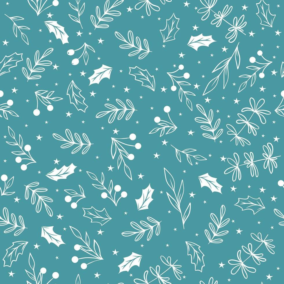 Doodle Christmas seamless pattern with twigs, berries, leaves and stars vector