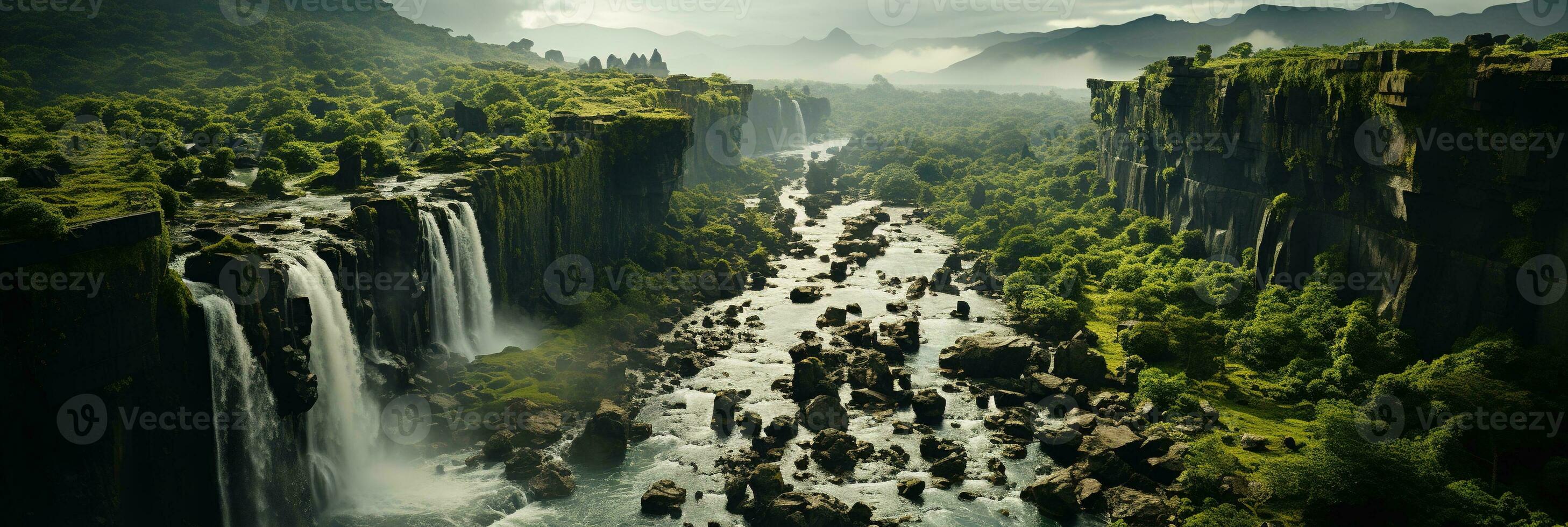Generative AI, Beautiful green amazon forest landscape, rainforest jungle with waterfalls photo
