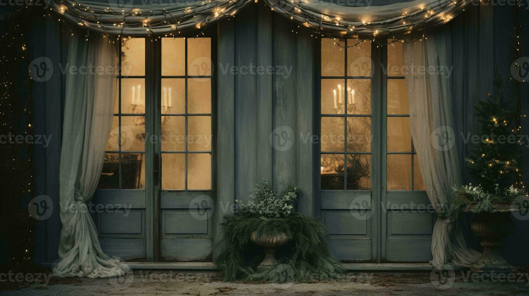 Generative AI, House front in the winter with Christmas decoration, wreath and garland. Snow cosy season photo
