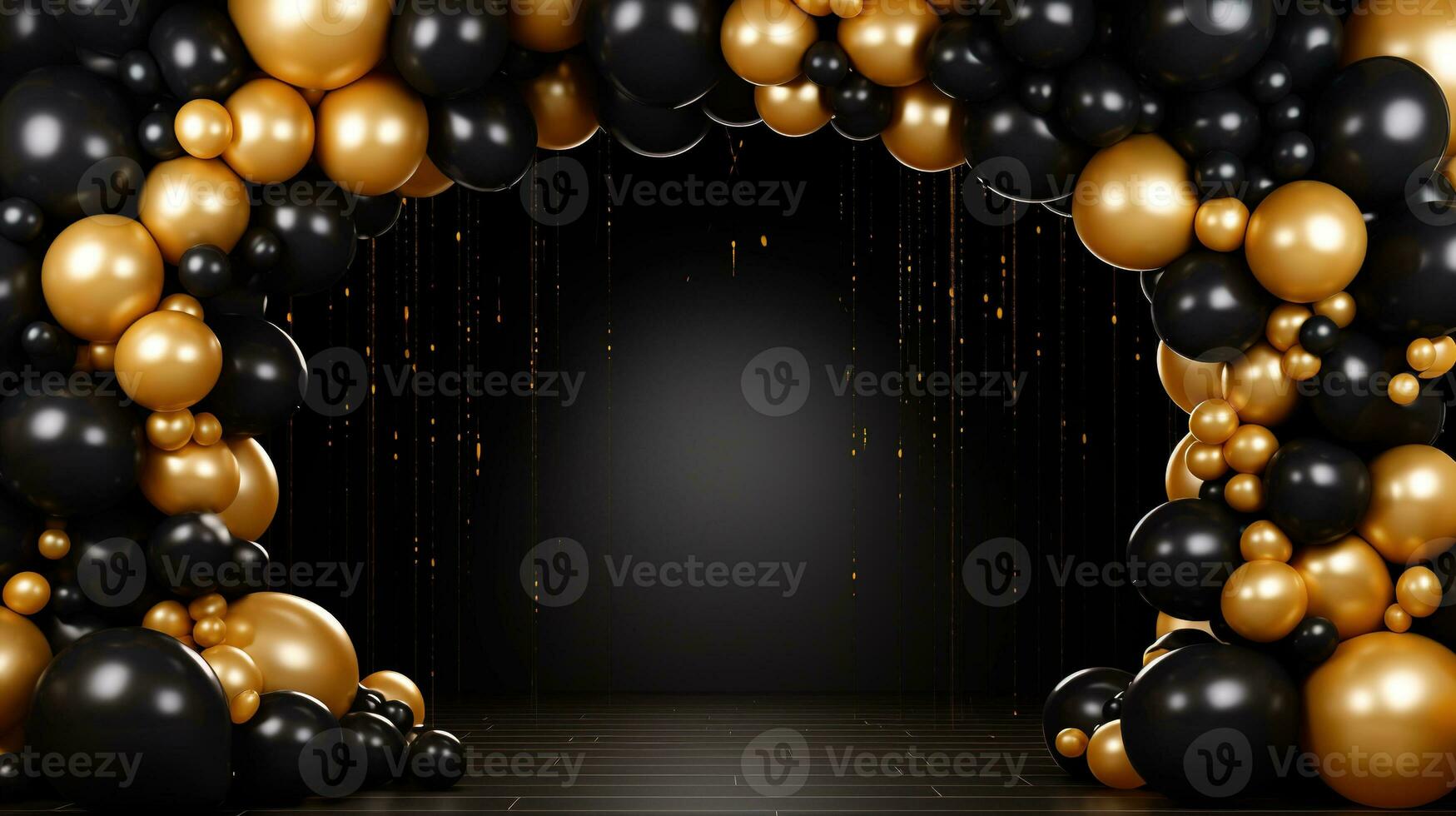 Generative AI, arch of black and golden balloons. Mock up for Black Friday or other holiday 3d background photo