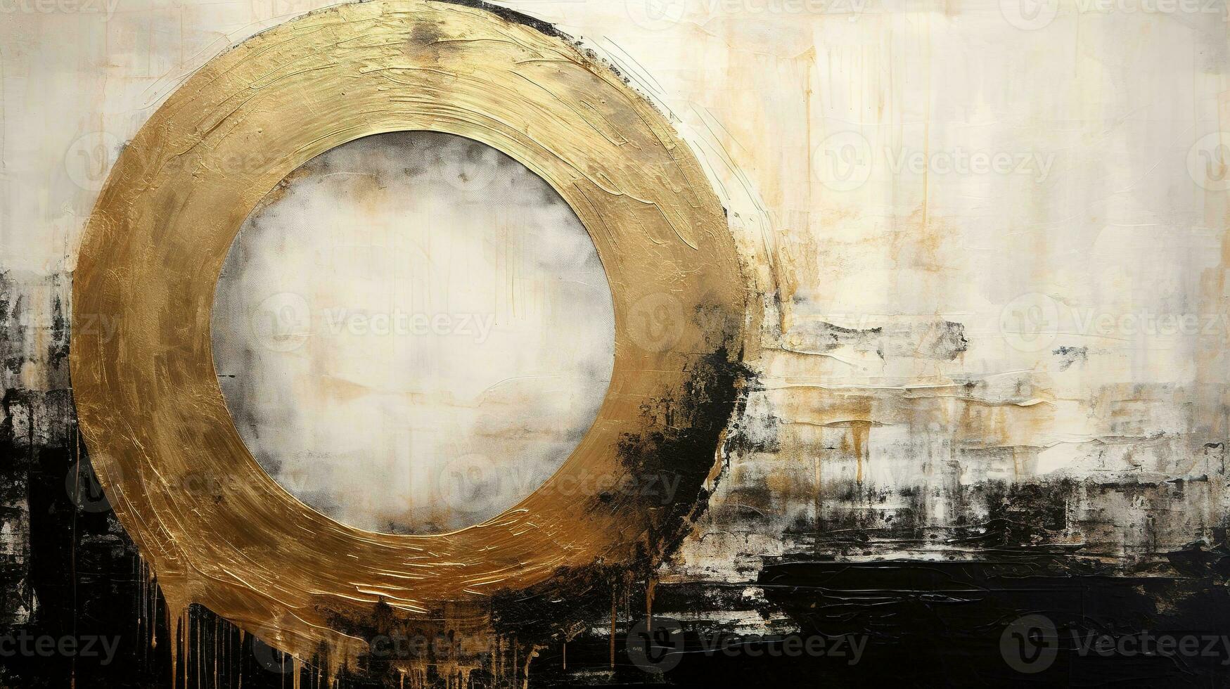 Generative AI, Black, golden and ivory white colors, circle shapes vintage painting background. Grunge old oil impasto painted wall texture photo