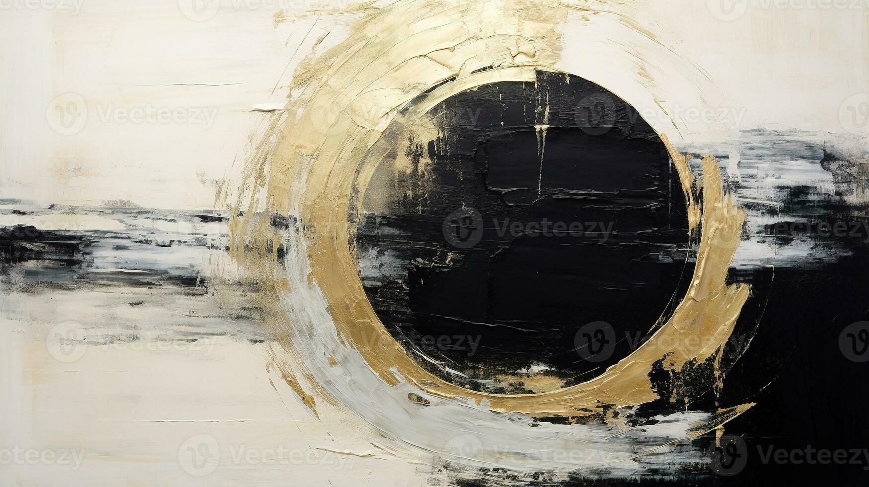 Generative AI, Black, golden and ivory white colors, circle shapes vintage painting background. Grunge old oil impasto painted wall texture photo