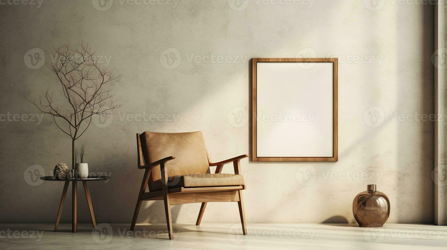 Generative AI, Poster frame mockup in beige and brown living room interior, wabi sabi minimalism style photo