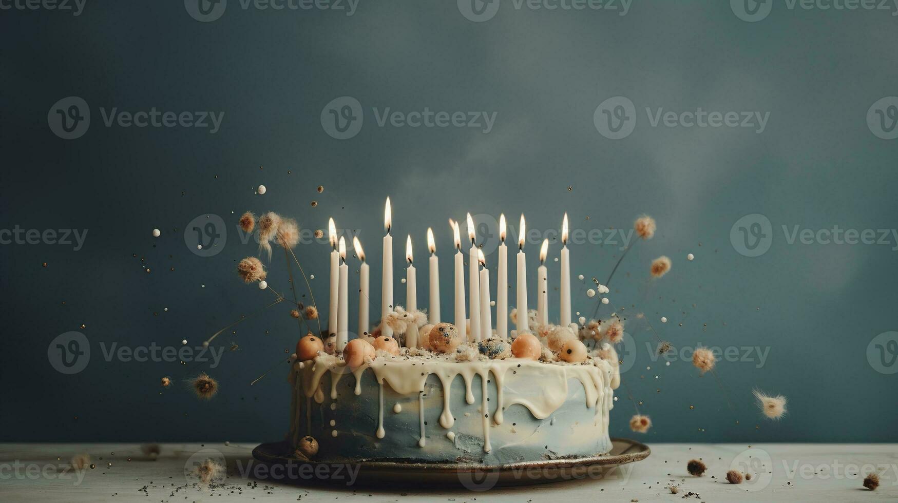 Generative AI, Birthday beautiful cake with flowers and candles, aesthetic muted colors photo