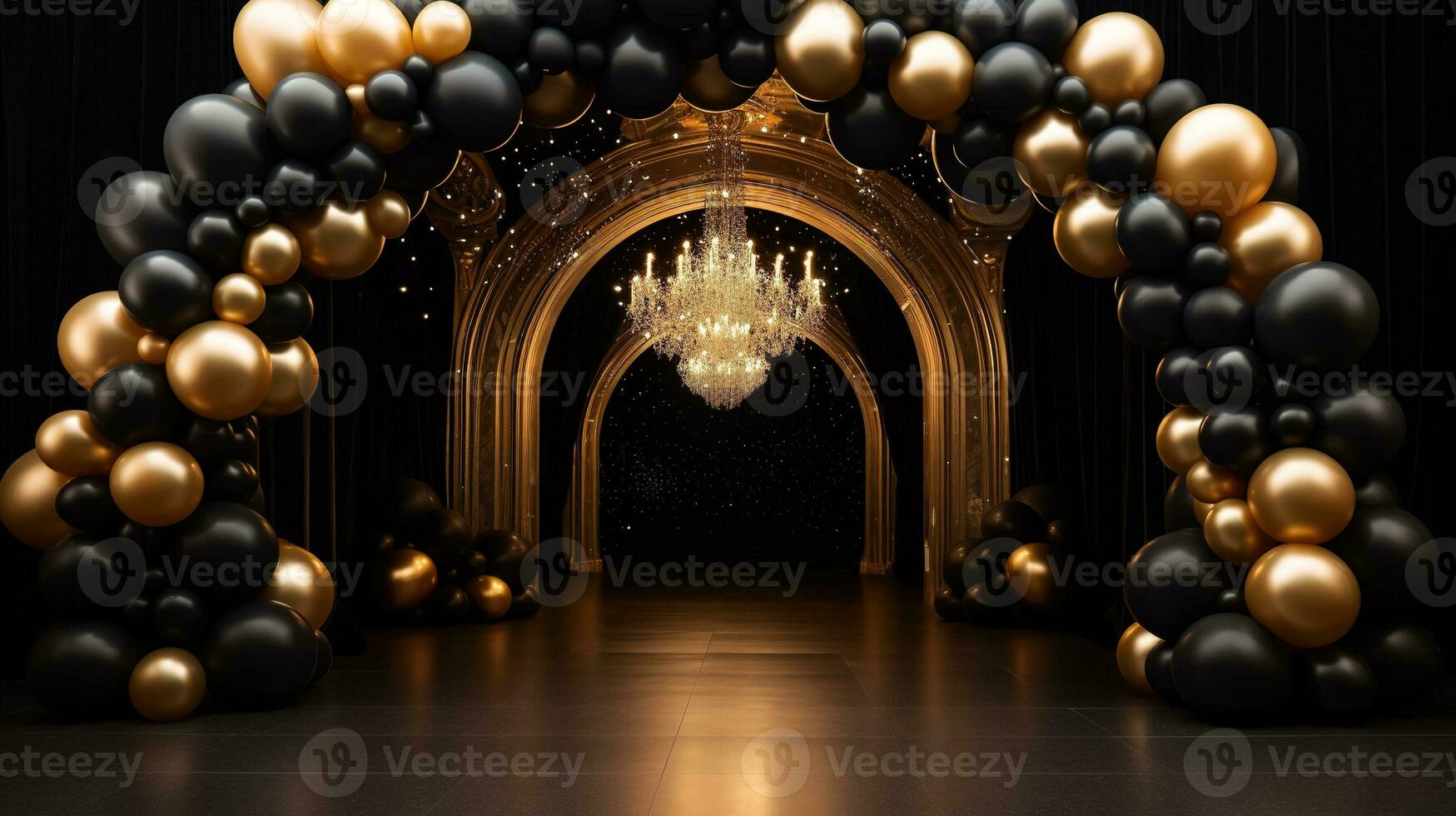 Generative AI, arch of black and golden balloons. Mock up for Black Friday or other holiday 3d background photo