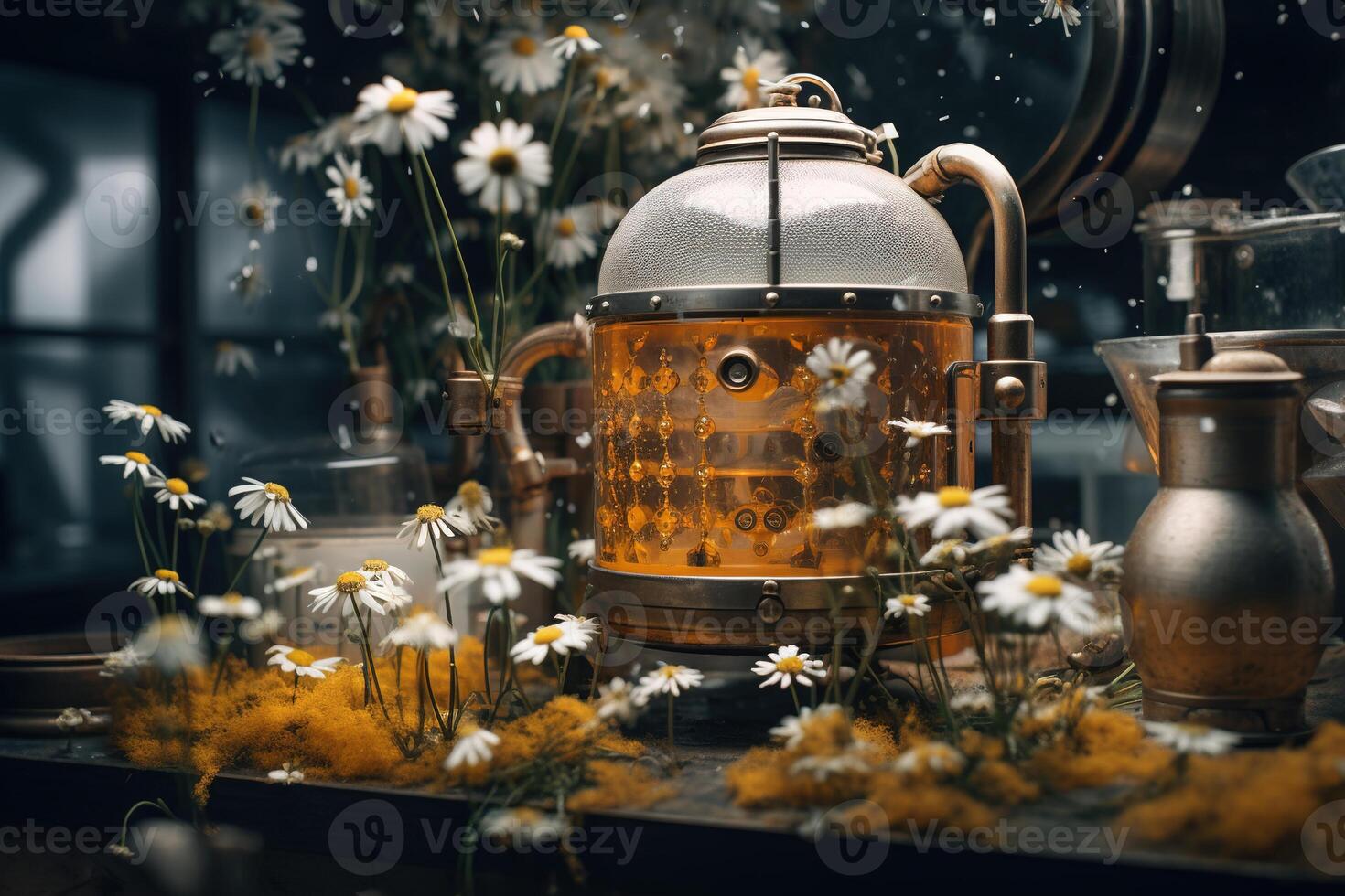 Generative AI, Essential oil extraction with distillery machine with chamomile flowers photo