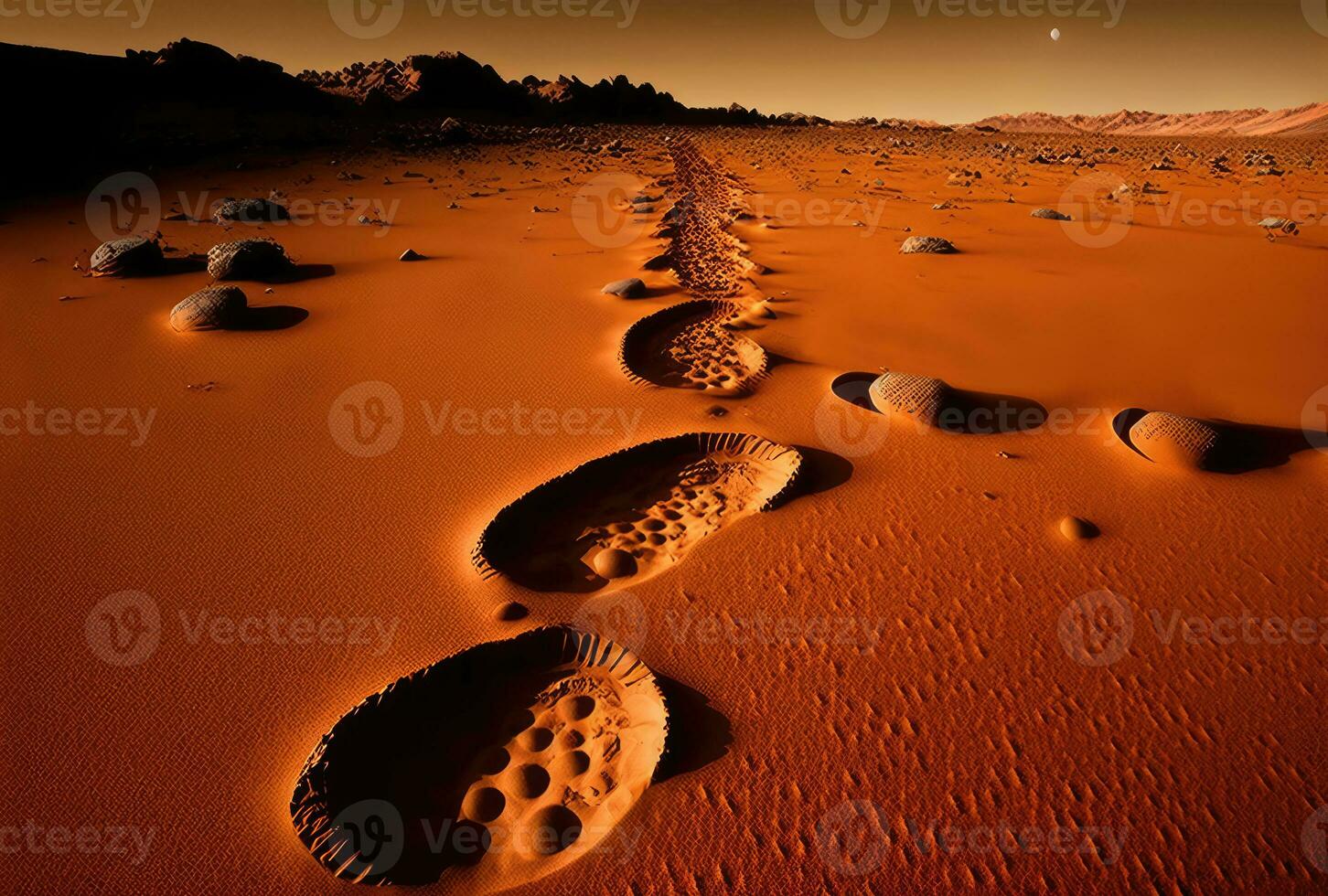 Footprints on alien planet, Mars exploration. Generative AI photo