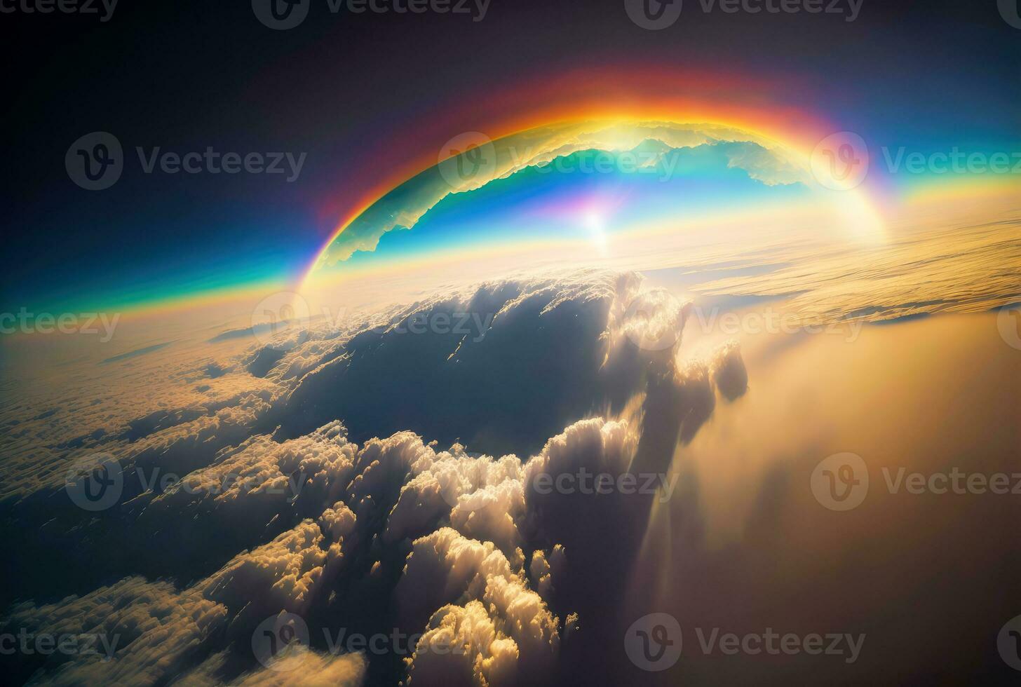 Rainbow above clouds in blue sky. Wide angle. Generative AI photo