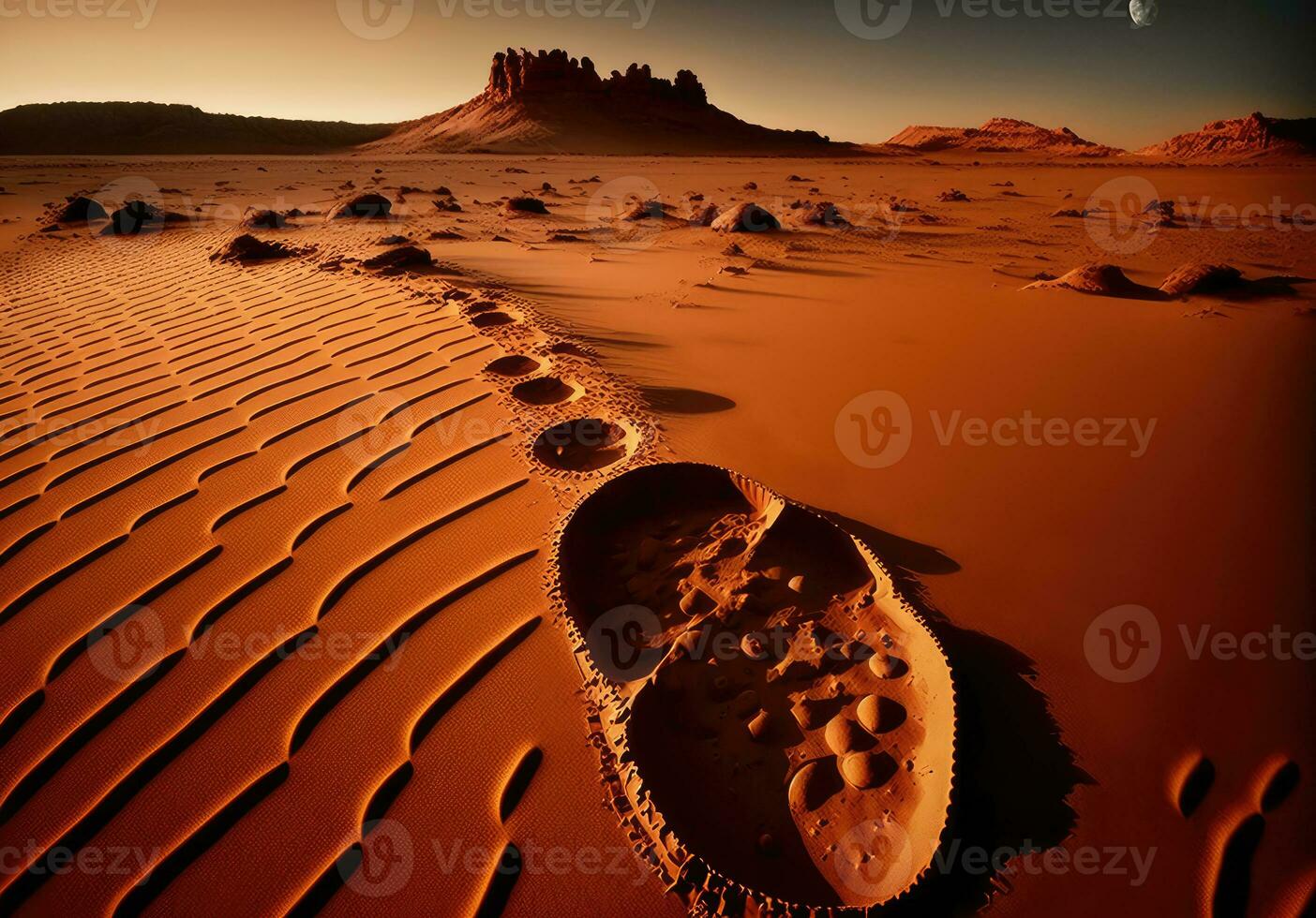 Footprints, steps on alien planet, Mars exploration. Generative AI photo