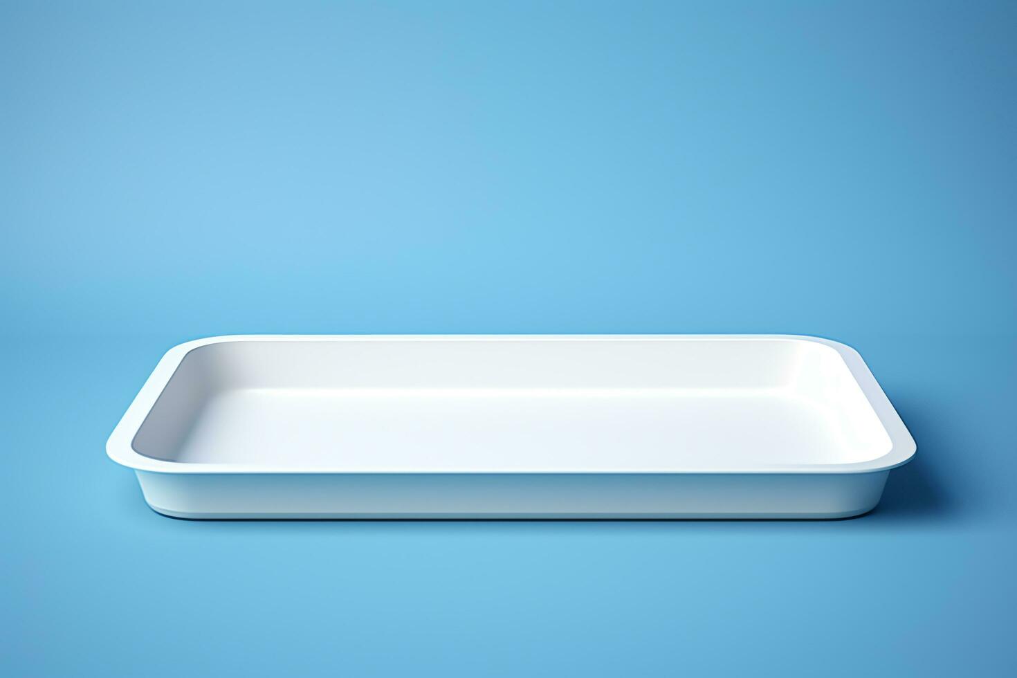 Blank empty plastic or paper tray mockup on blue background, AI Generated photo