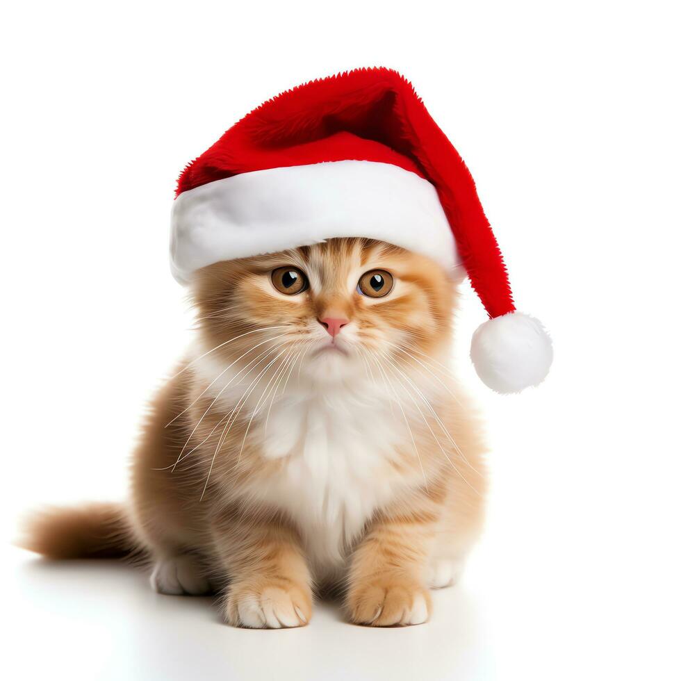 Cute kitten wearing red christmas hat look at camera, isolated on white background, AI Generated photo