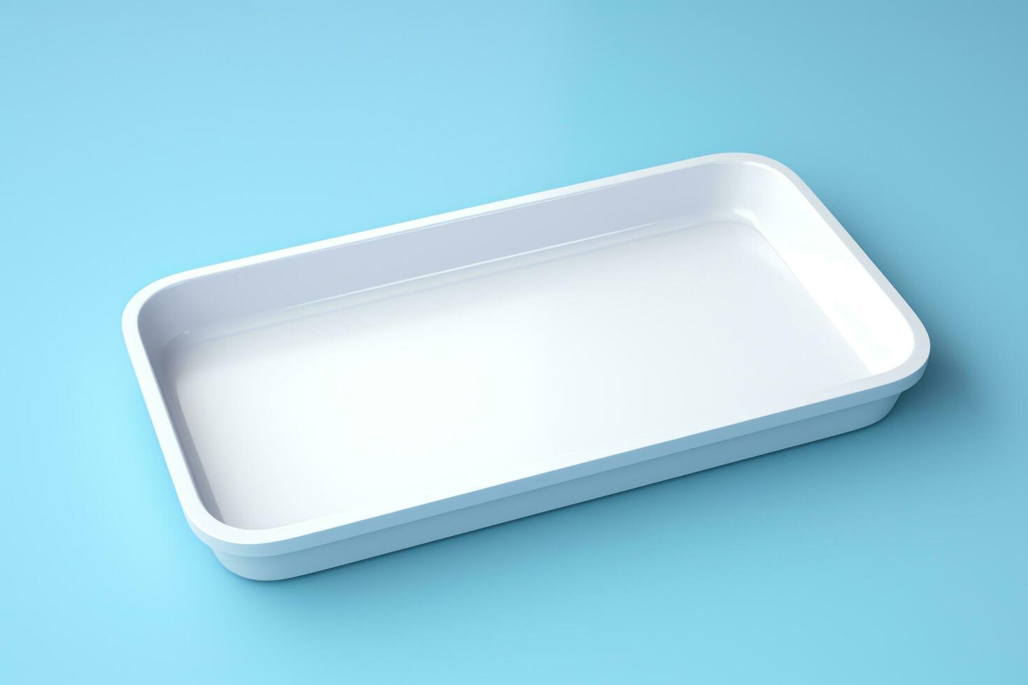 Blank empty plastic or paper tray mockup on blue background, AI Generated photo
