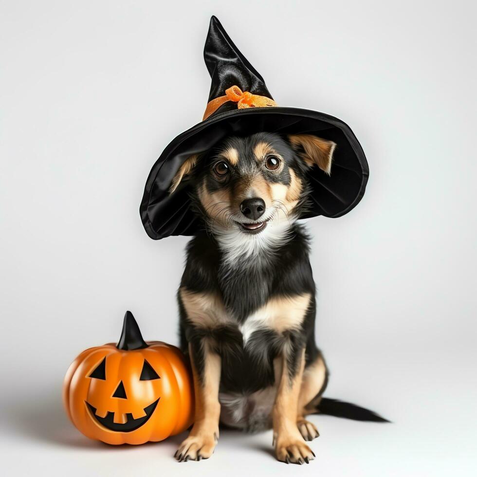 Cute dog wearing halloween hat with pumpkin, isolated on white background,AI Generated photo