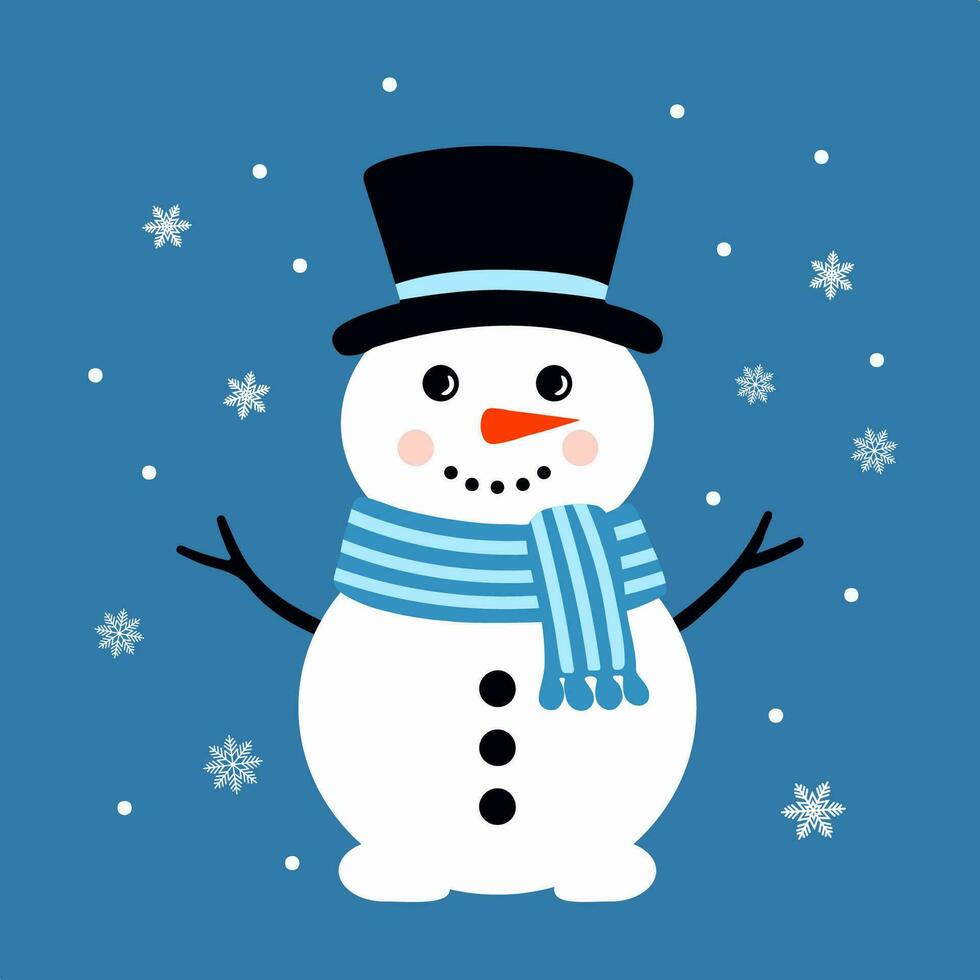 Cute Snowman with Hat, Scarf, and Falling Snowflakes. Isolated Vector Illustration on blue background. Flat Design