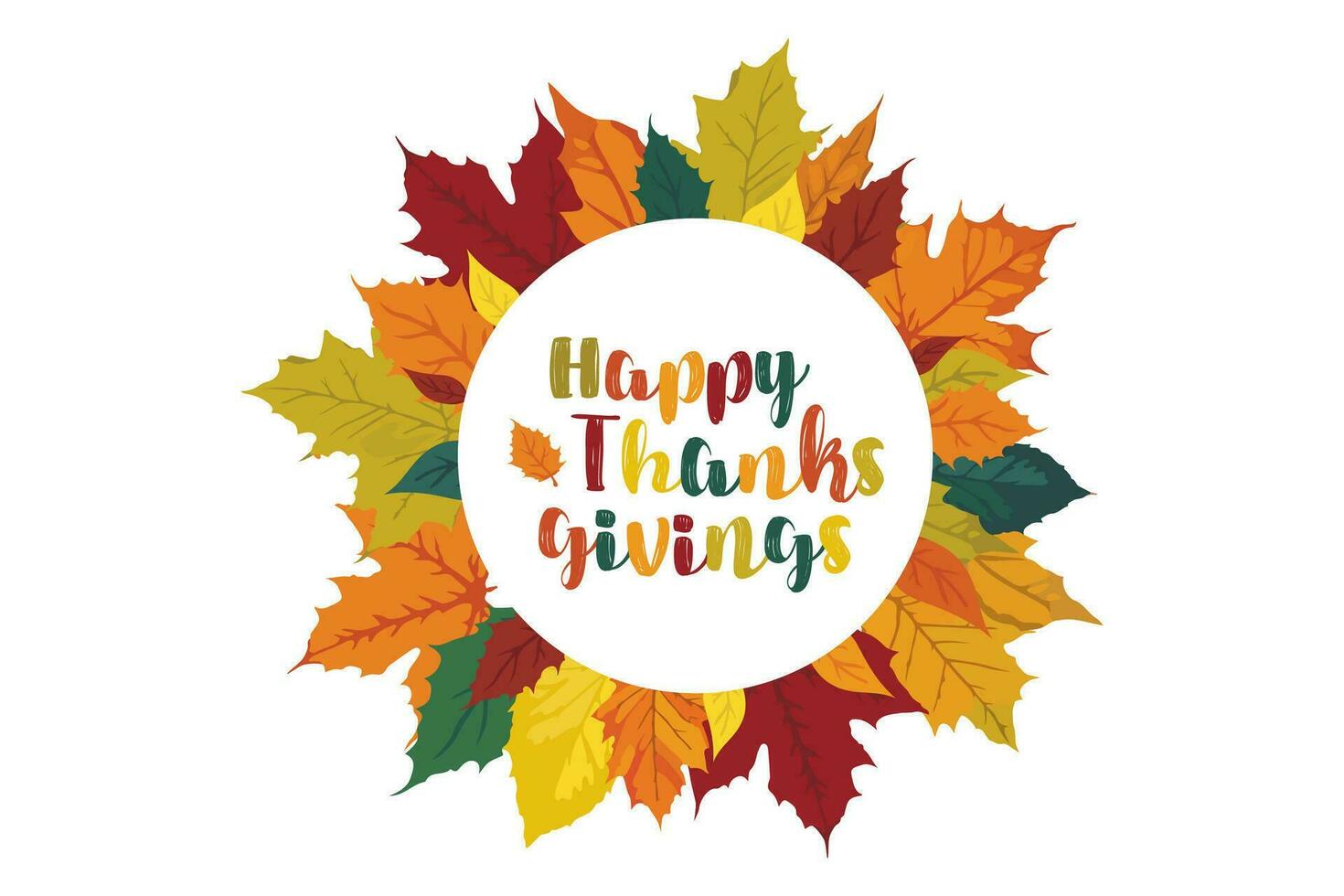 Vector Happy Thanksgiving Text in a Round Frame with Fallen Leaves of Autumn Colors