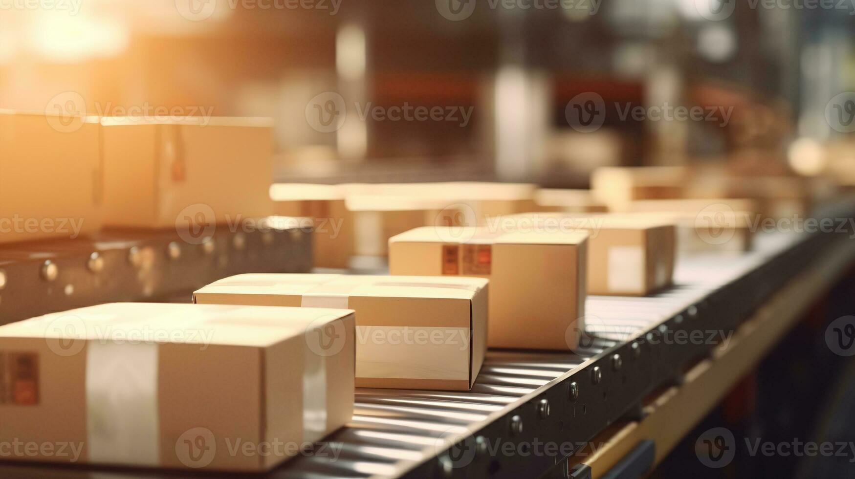 Generative AI, cardboard box packages moving along a conveyor belt photo