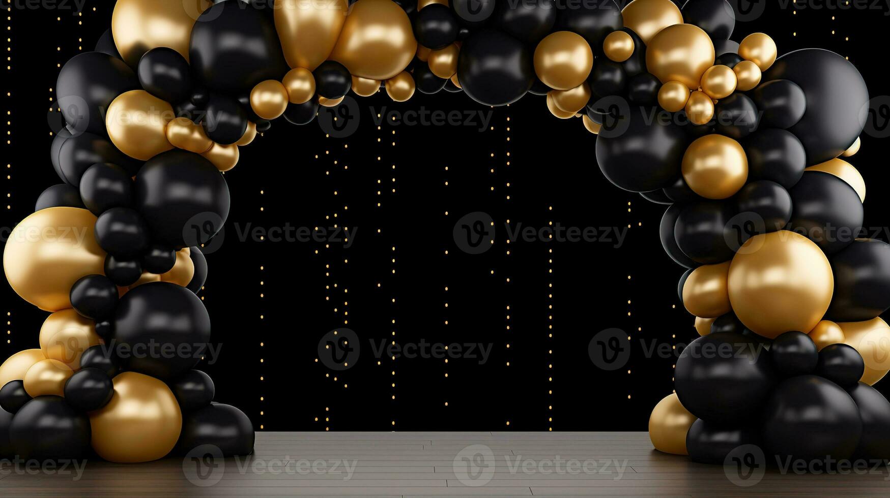 Generative AI, arch of black and golden balloons. Mock up for Black Friday or other holiday 3d background photo