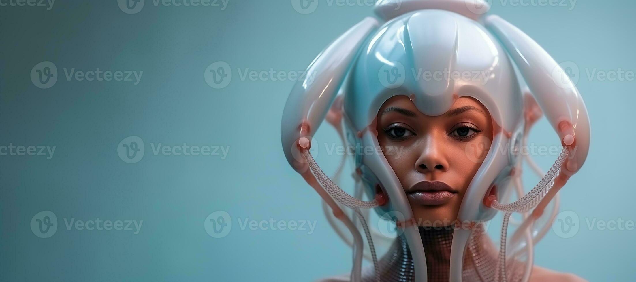 Generative AI, Woman in plastic blue octopus like mask, high tech futurism, minimalist beauty photo