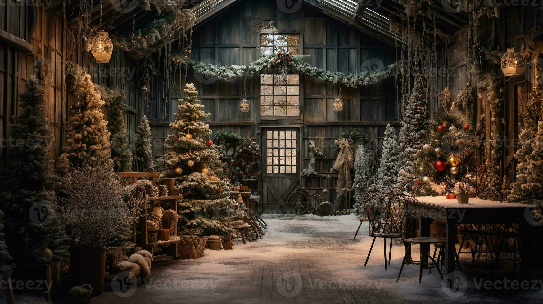 Generative AI, Christmas interior rural background, Santa Claus rustic workshop photo