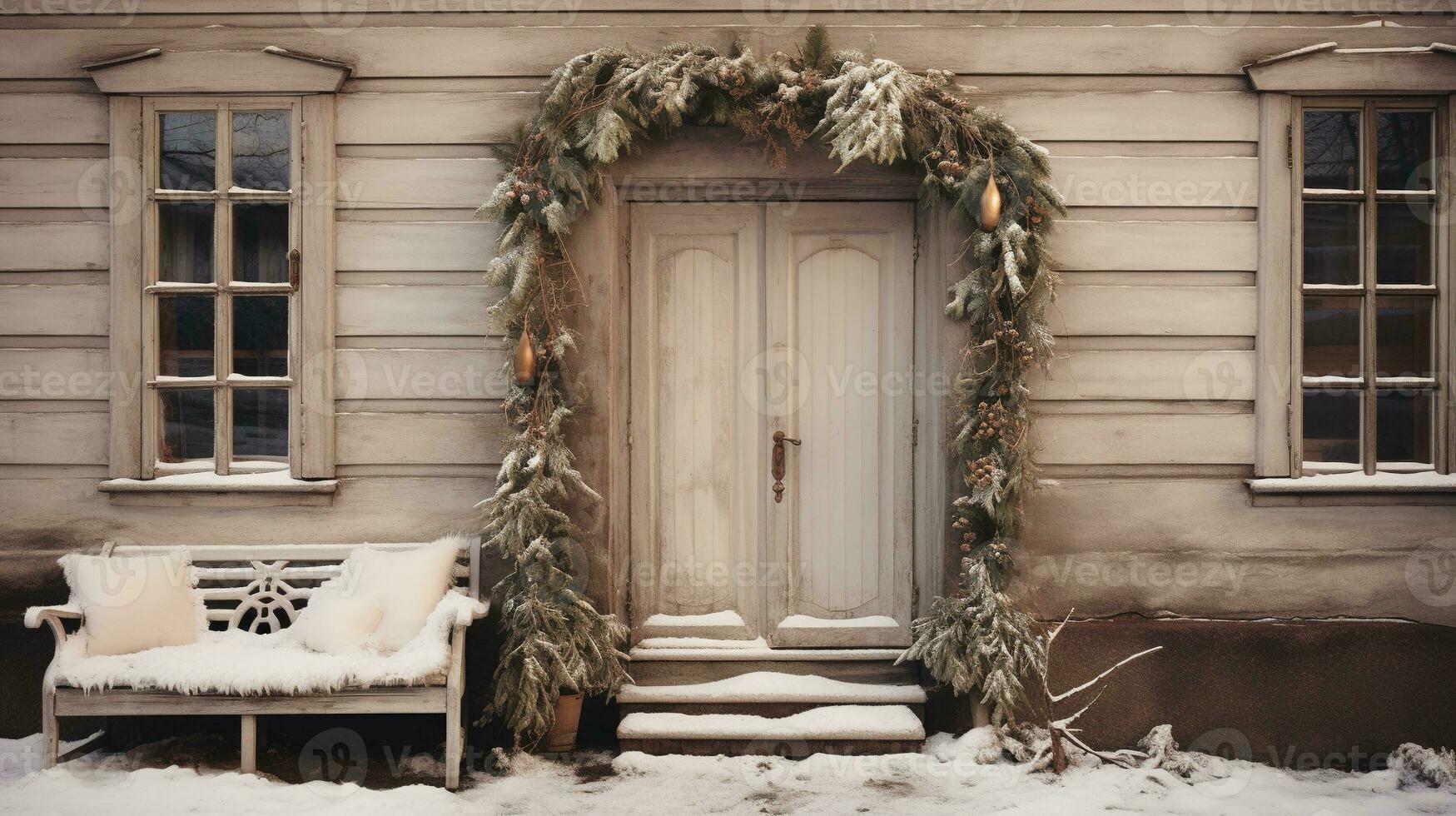 Generative AI, House front in the winter with Christmas decoration, wreath and garland. Snow cosy season photo