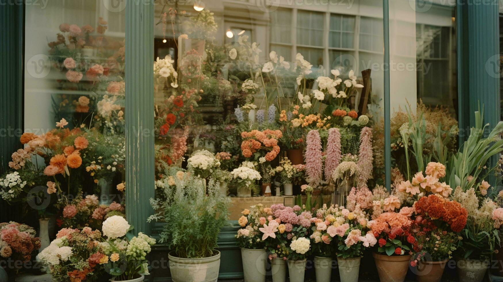 generativo ai, calle floral tienda con vistoso flores, estético apagado colores foto