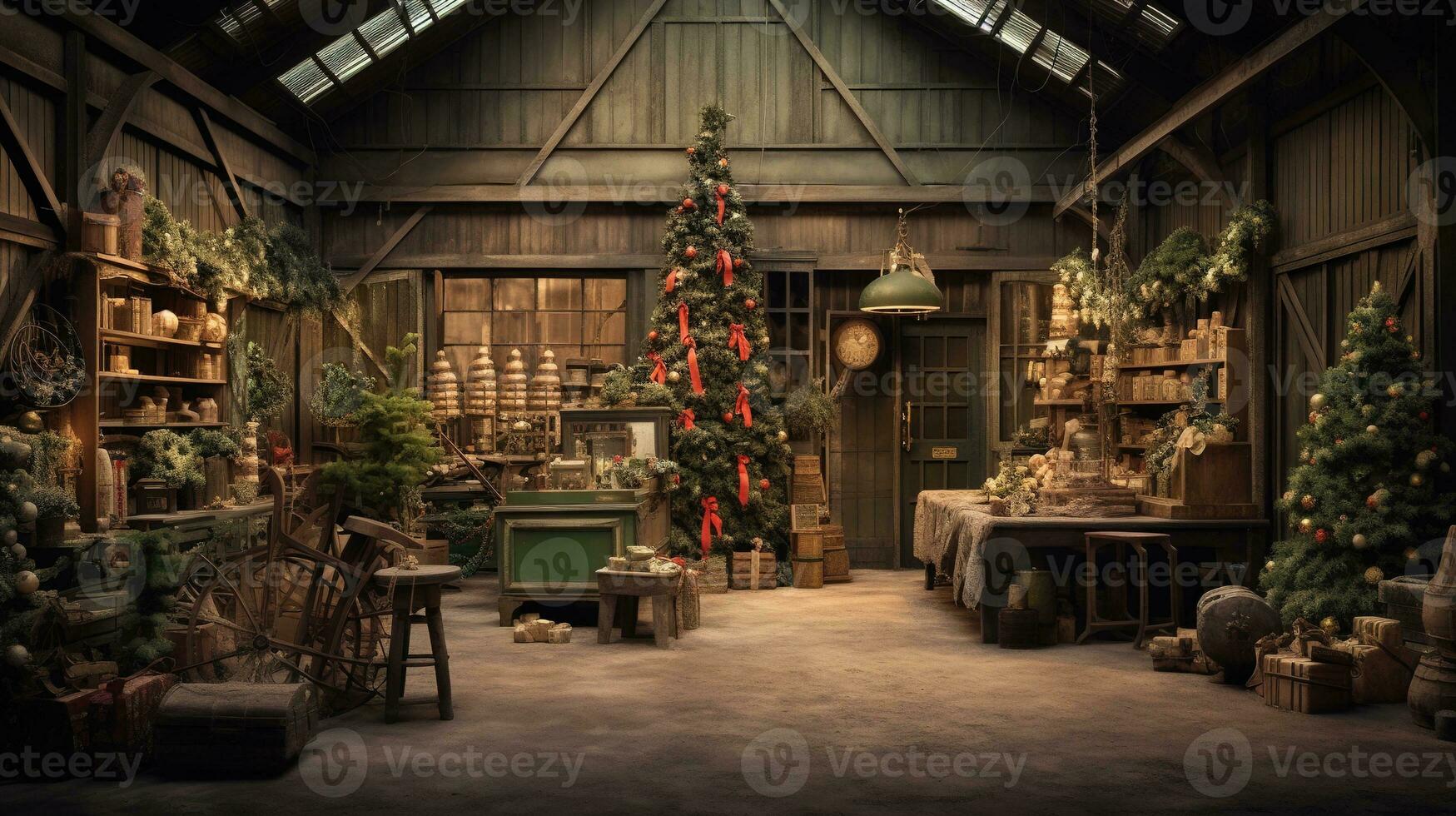 Generative AI, Christmas interior rural background, Santa Claus rustic workshop photo