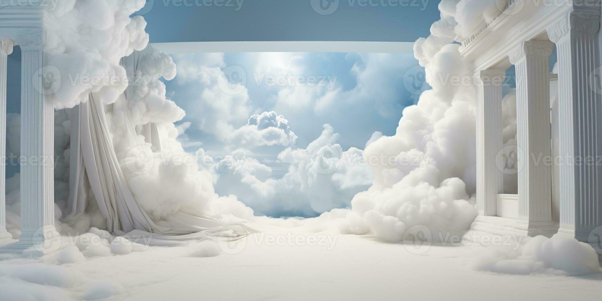 Generative AI, White blue fantastic 3d clouds in the room interior, sky and landscape. Gentle colors and with bright lights.. photo