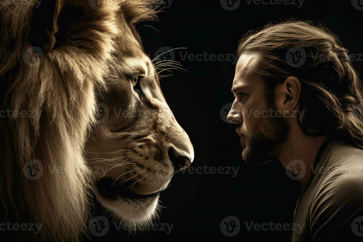 Man and lion looking each other in the eyes. Generative AI photo