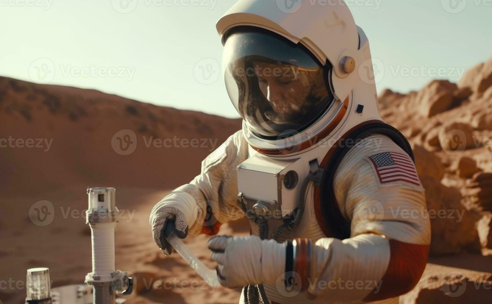 Astronaut doing science experiments on alien planet. Generative AI photo