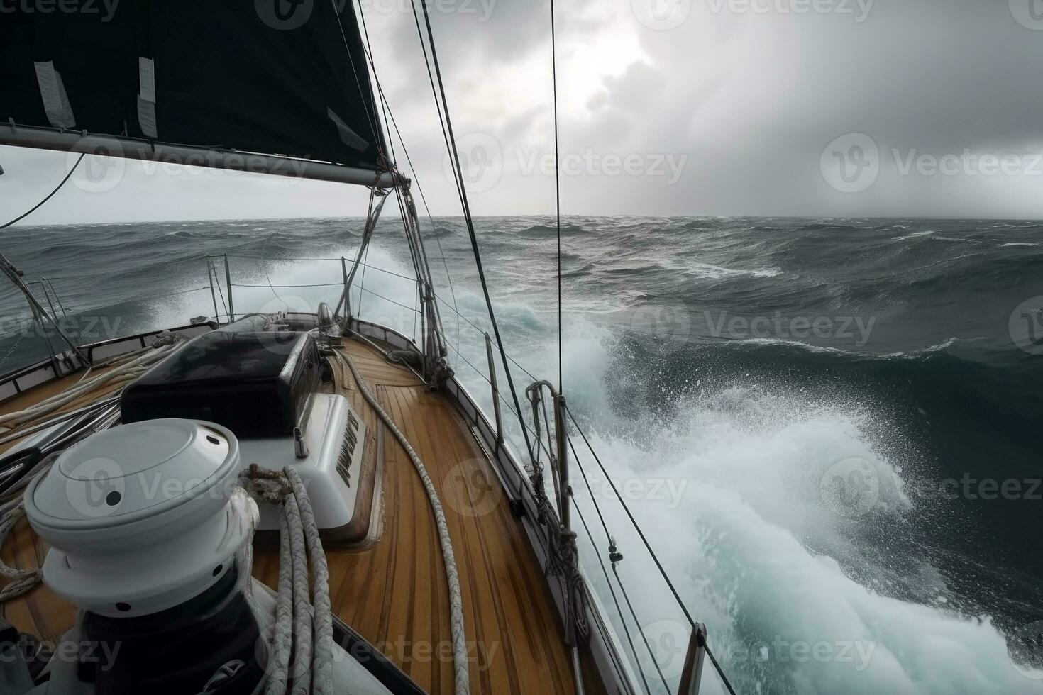 Sailing a sailboat or yacht on ocean during extreme storm with big waves, POV. Generative AI photo