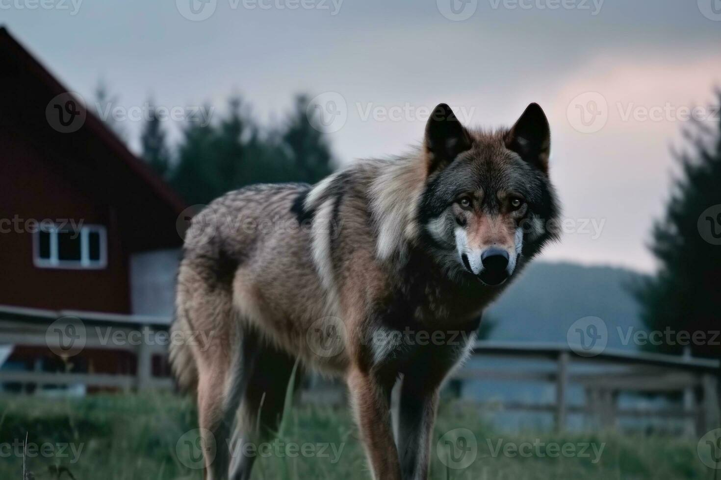 Big, angry and hungry wolf next to house at dusk. Generative AI photo