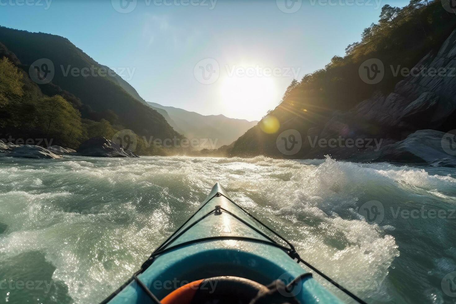 Extreme kayaking down the wild river in mountains at sunset, POV. Generative AI photo