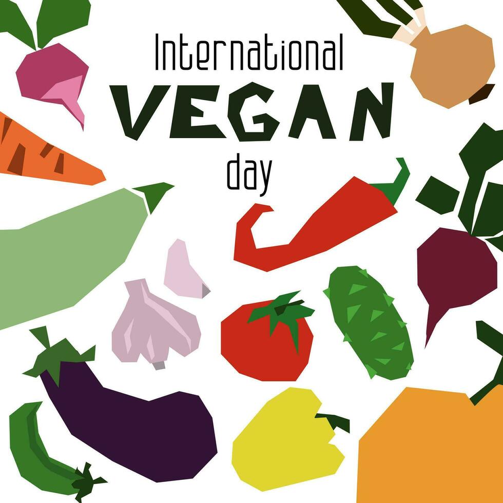 vector plano ilustración de el internacional vegano día. adecuado para saludo tarjeta, póster y bandera. geométrico vegetales en un blanco antecedentes con un inscripción noviembre 1er. vegetales en blanco