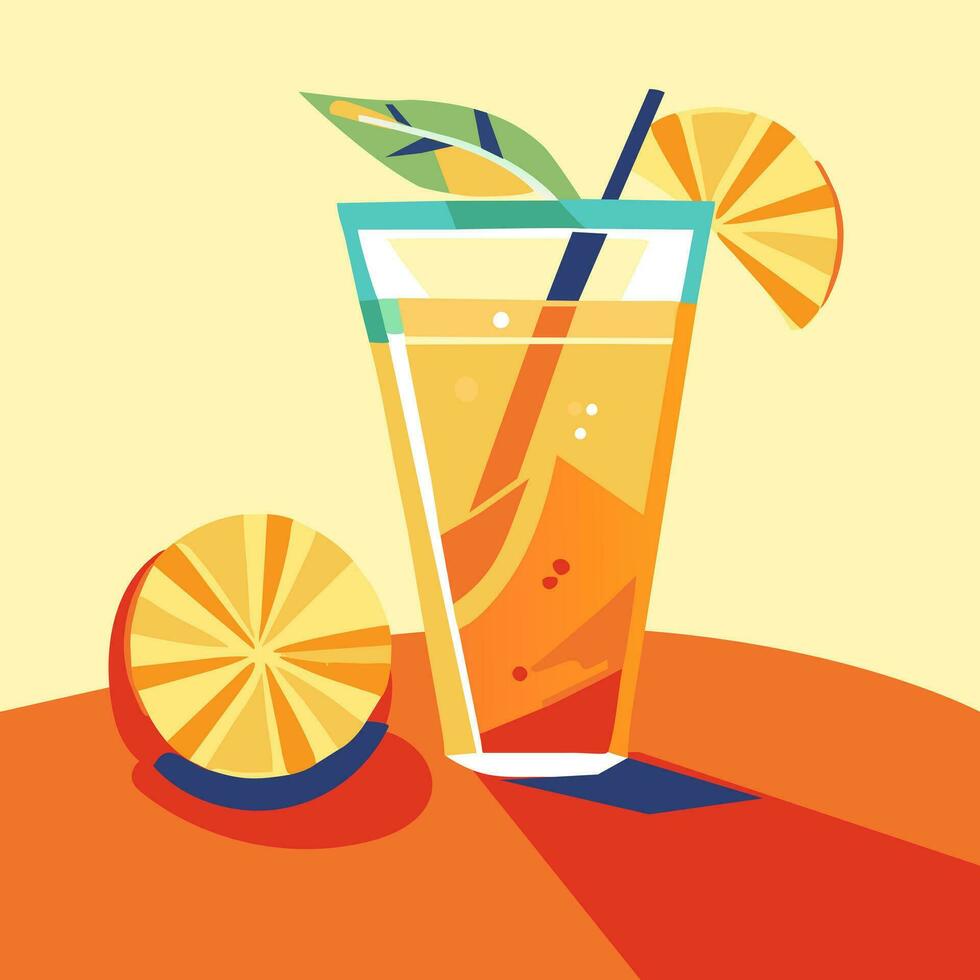 Illustration of citrus lemonade with a straw and a leaf on the sand. Refreshing citrus drink with ice, highlighted on a white background. Vector flat image in orange, blue colors. A glass on the sand