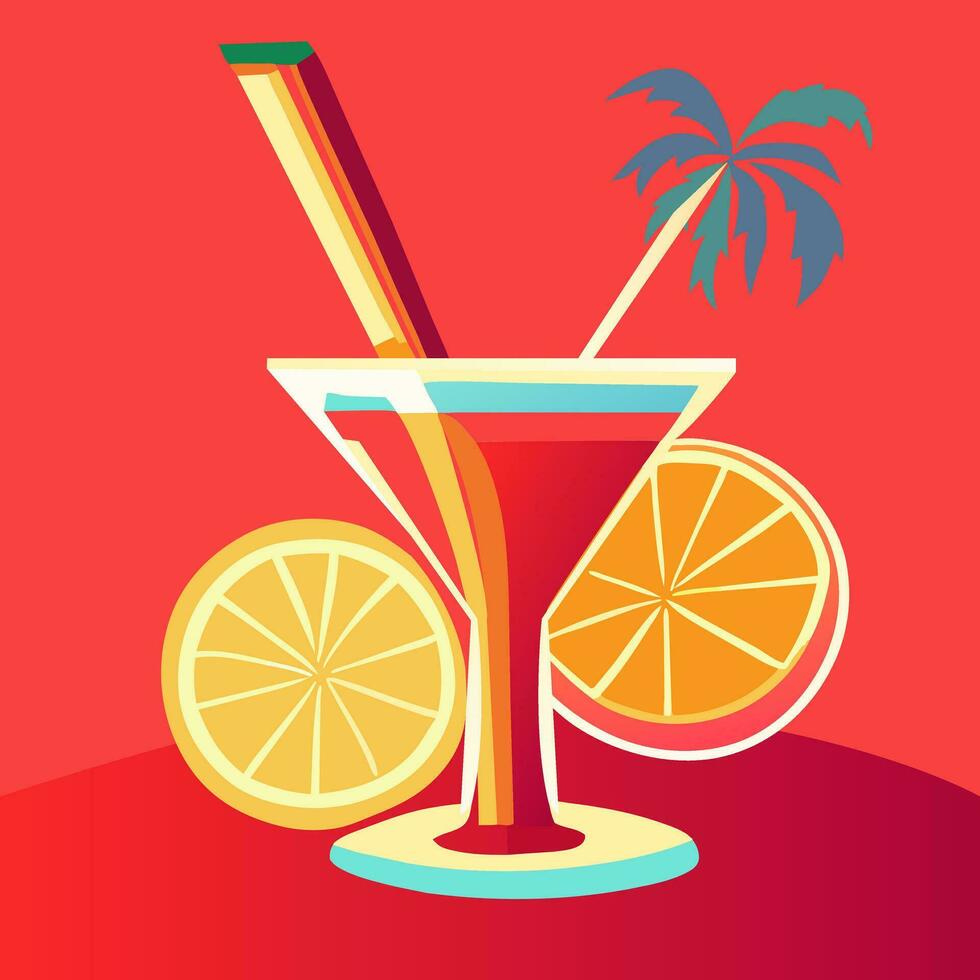 Illustration of a cocktail in a martini glass. Drink in a glass with a straw and a small palm tree. Vector flat illustration of a summer citrus cocktail on a bright background. Abstract drinks