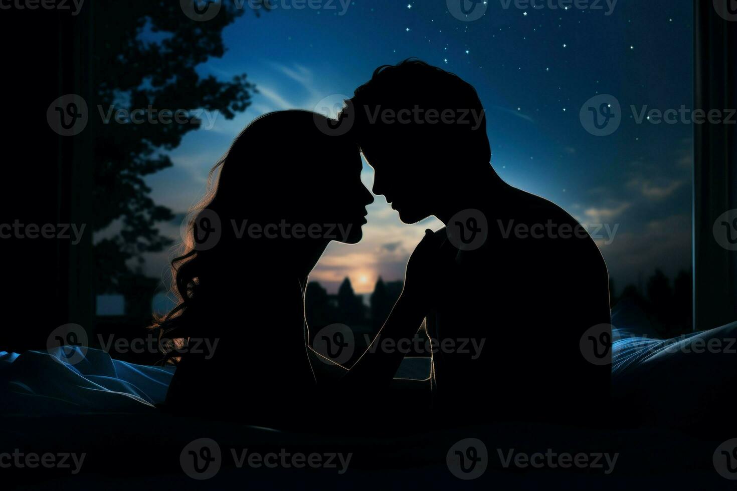 Silhouette of couple in bed at night time closeup. Generate Ai photo