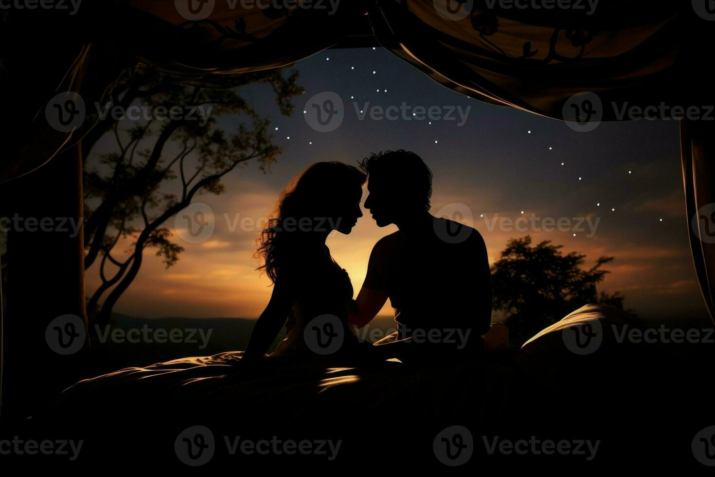 Silhouette of couple in bed at night time with stars. Generate Ai photo