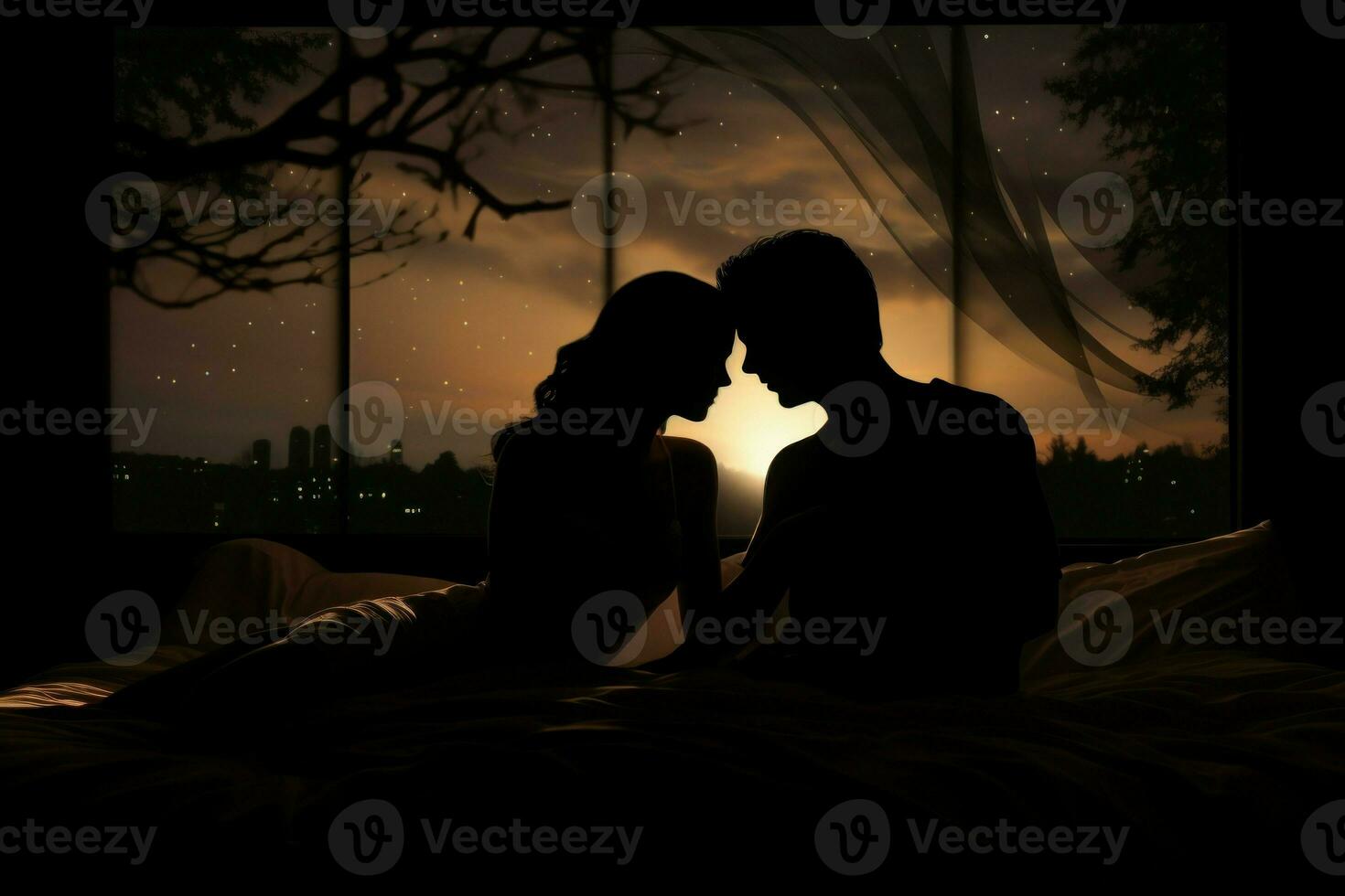 Silhouette of couple in bed at night time city adult. Generate Ai photo