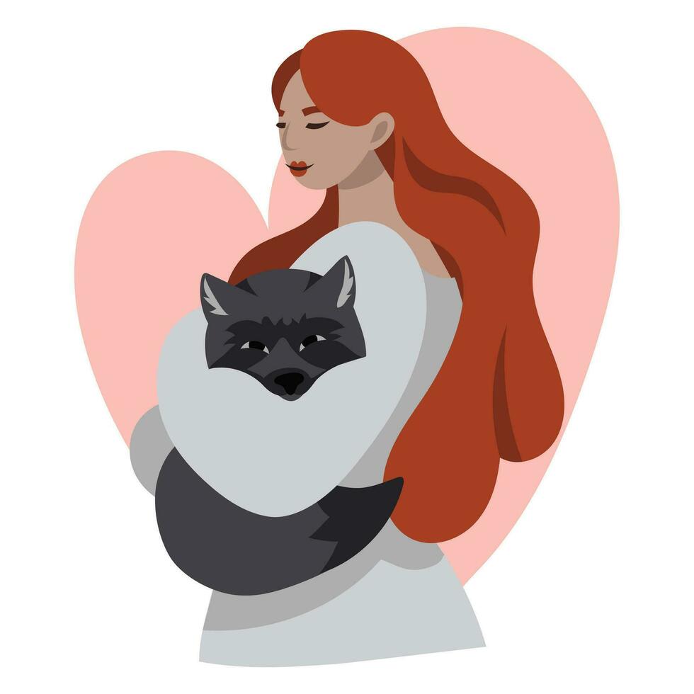 un Pelirrojo niña con un gris zorro en su manos en un blanco antecedentes con un corazón. un niña con un animal cuidando para su vecino. animales en el manos de un pelirrojo. retrato de un dibujos animados niña vector