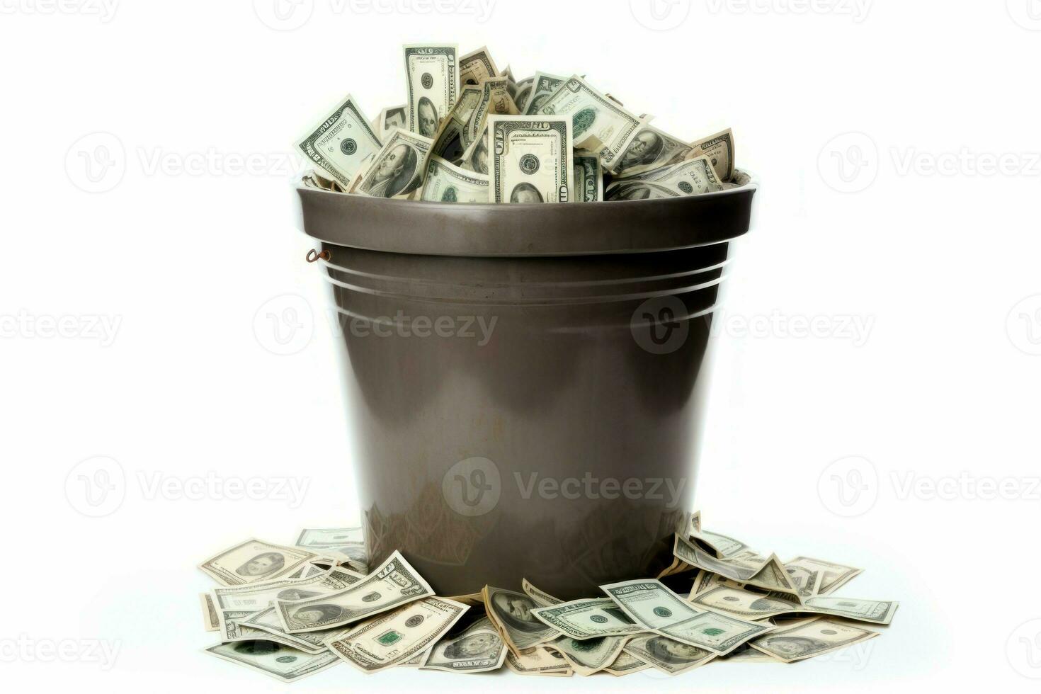 Money full dustbin isolated on white. Generate Ai photo