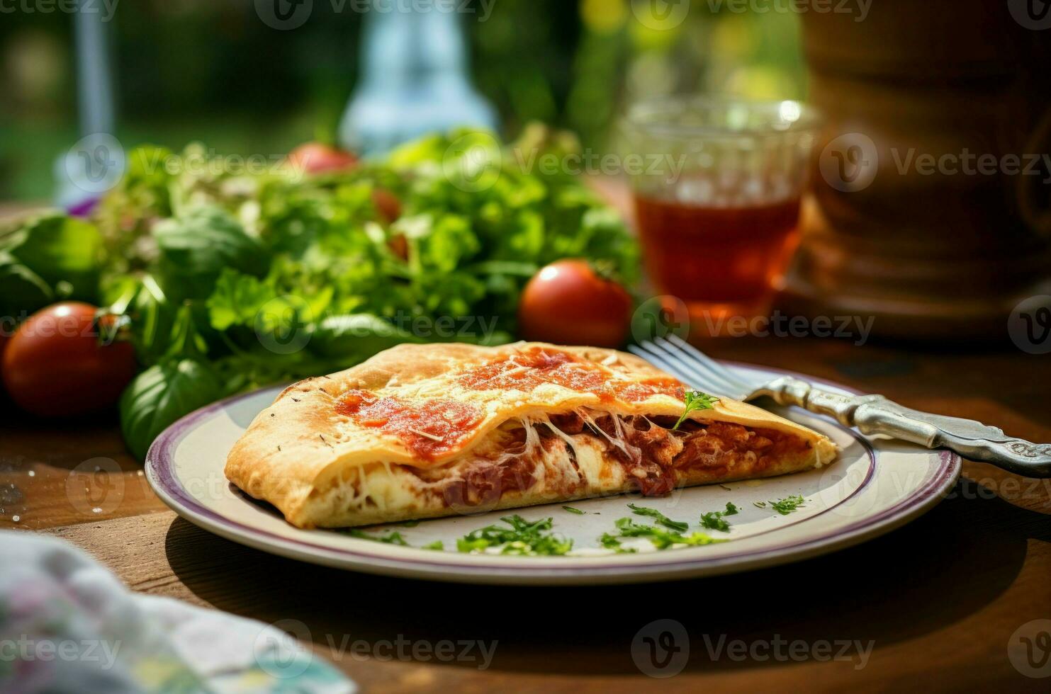 Pizza calzone on plate on wooden table. Generate Ai photo