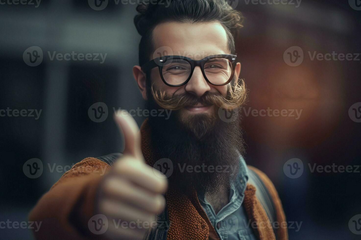Hipster man with glasses shows thumb up. Generate ai photo